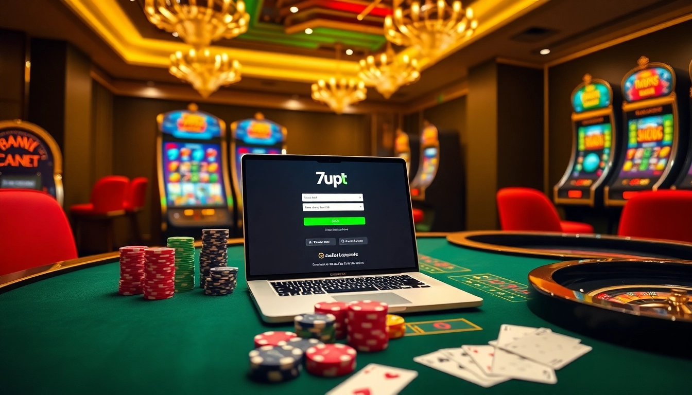 Exciting online gambling atmosphere at 7upbet with betting tables and vibrant visuals.