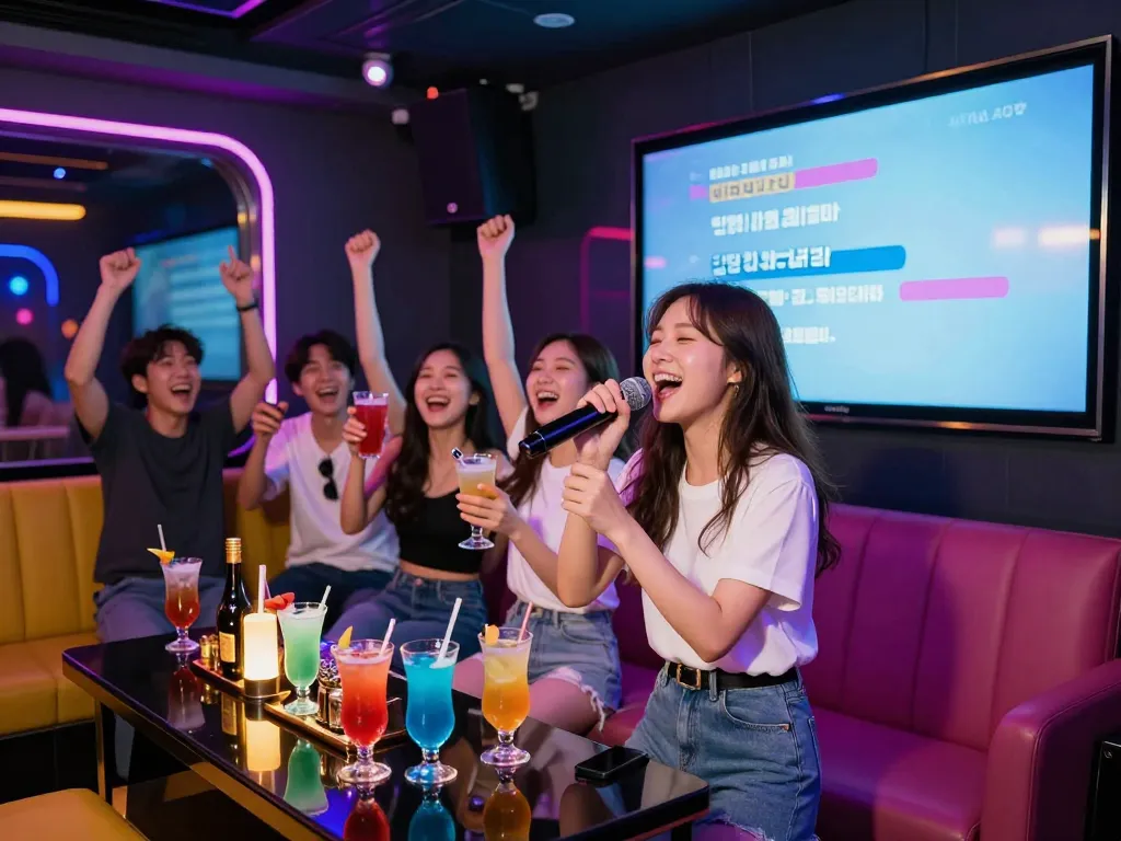 강남달토 노래방에서의 역동적인 밤, 친구들이 노래하고, 활기찬 조명과 칵테일이 전율 넘치는 분위기를 만들어냅니다.