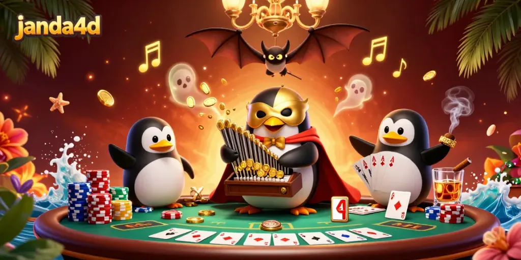 Permainan slot janda4d dengan uang koin emas terbang, menampilkan suasana kasino yang meriah.