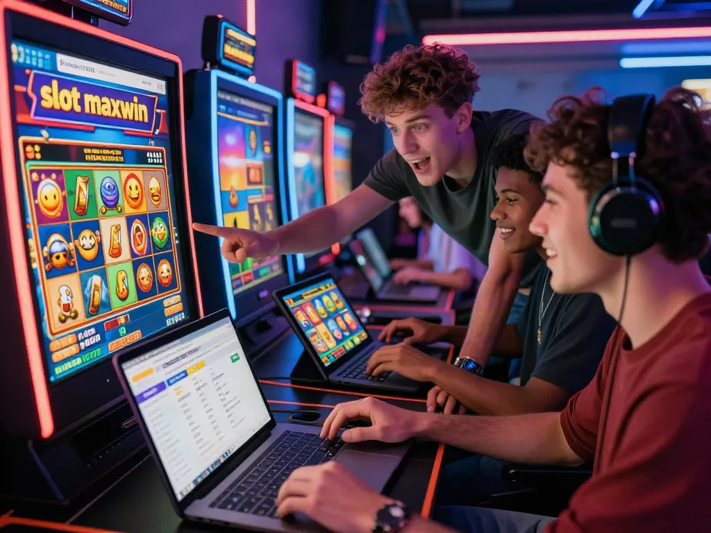 Excited players enjoying slot maxwin games at BMWSLOT88, vibrant online gaming atmosphere.