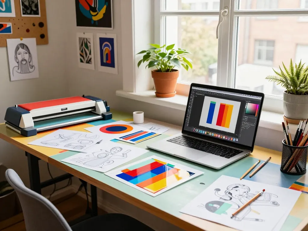 Artist designing custom acrylic stand with vibrant colors and creative tools in a bright workspace