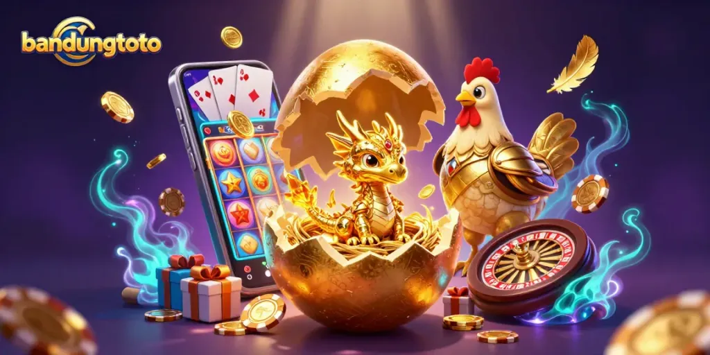 Experience the excitement of bandungtoto with a magical dragon emerging from a golden egg amidst vibrant casino elements.