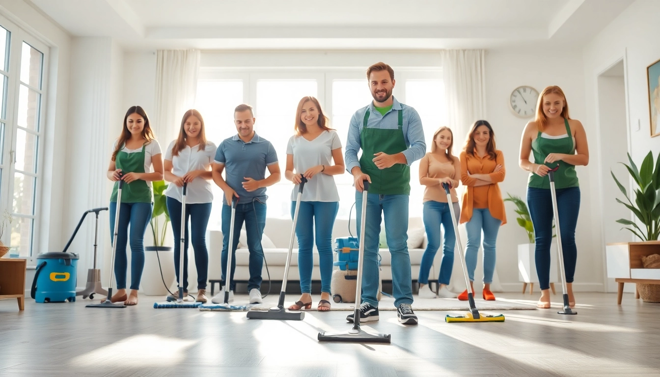 Engaged cleaning team providing cleaning services near me in a bright home setting.
