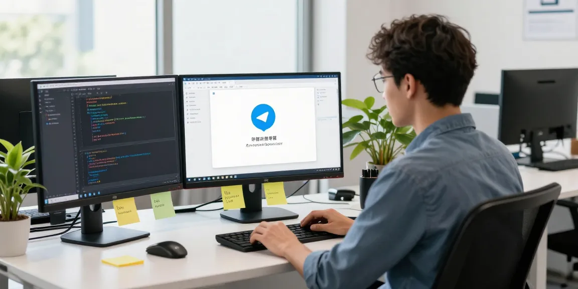 Young developer configuring telegram中文 settings in a vibrant tech workspace with dual monitors.