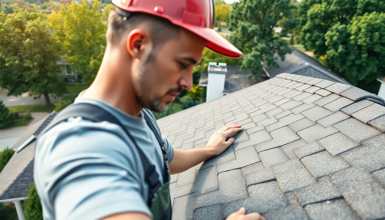 Roof repair professional assessing shingles for damage on a residential roof.