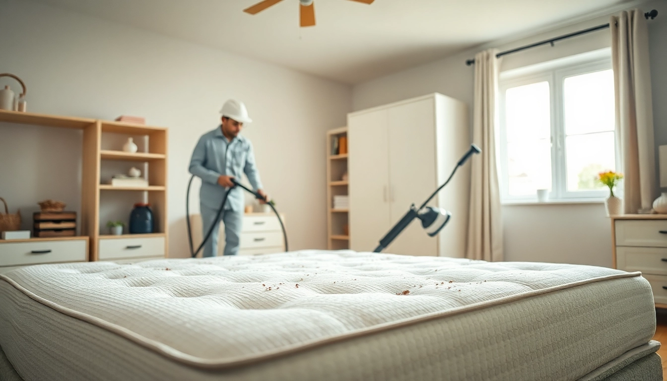 Pest control technician demonstrating effective bed bug control techniques in a clean bedroom.