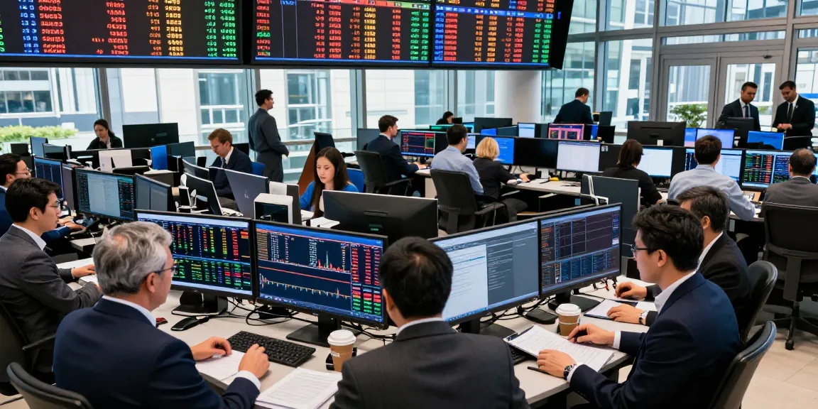 Traders analyzing data on a busy trading floor, showcasing trading market insights in action.
