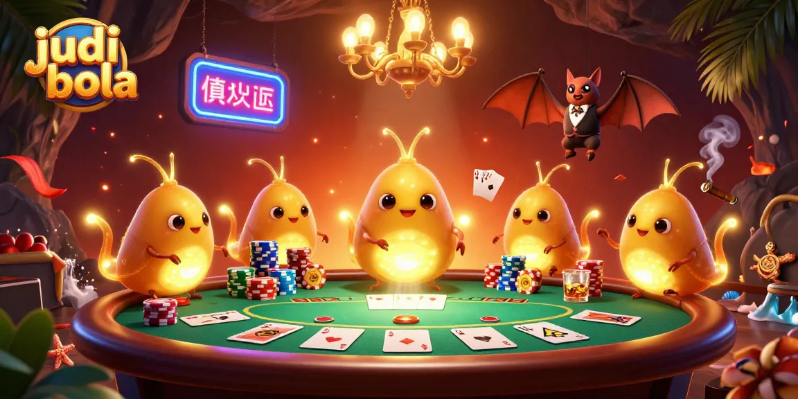 Experience judi bola excitement in a vibrant 3D casino scene featuring glowworms and a bat dealer.