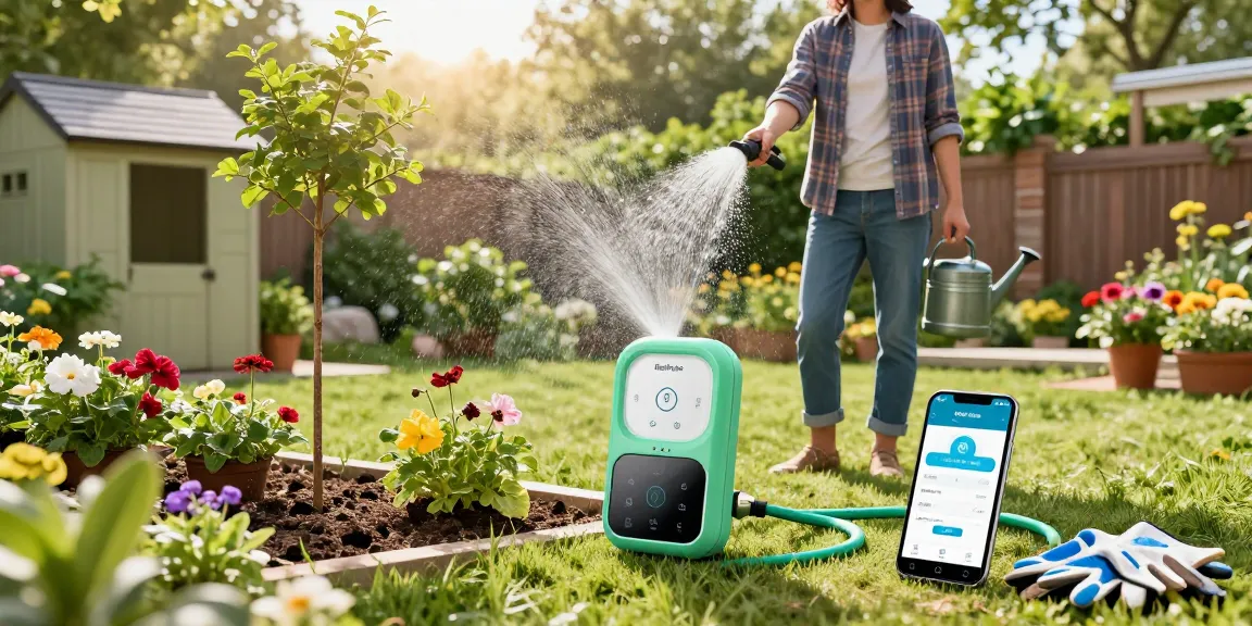 Gardener using the RainPoint WiFi water timer for automated watering in a vibrant garden, showcasing lush plants.