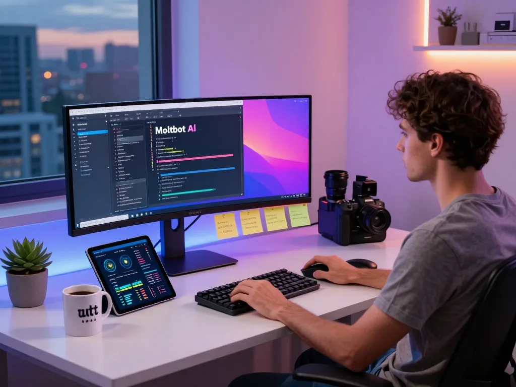 Moltbot AI workspace with a developer coding on a vibrant interface, showcasing clawdbot ai in a modern tech setup.
