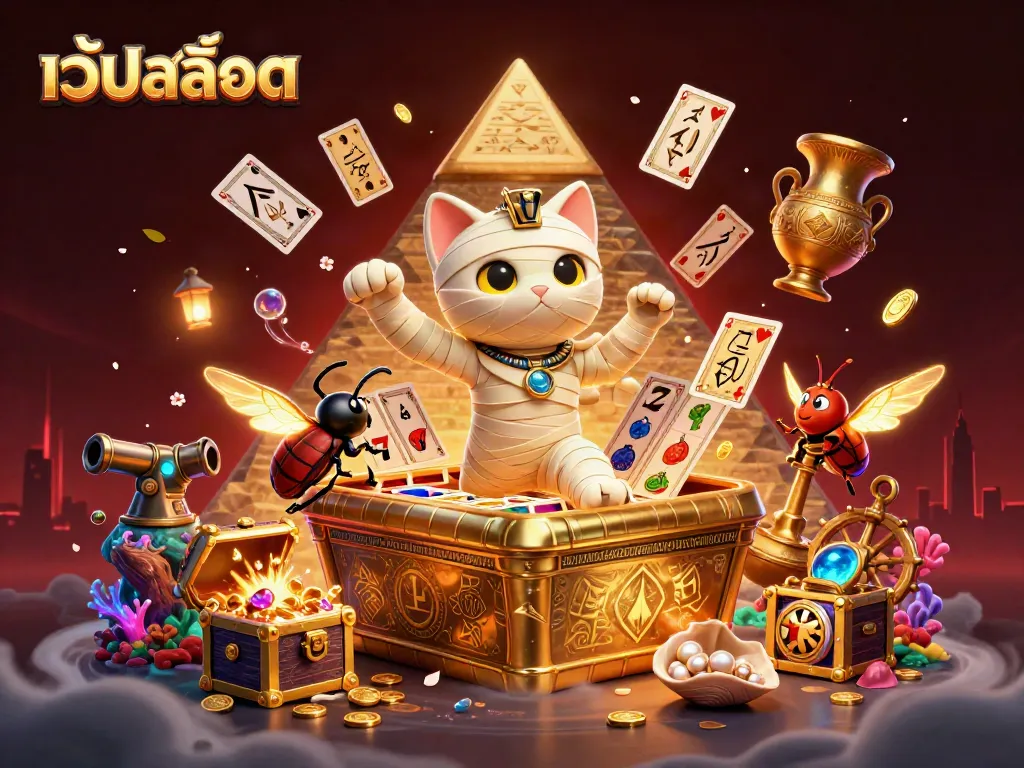 สนุกกับเว็ปสล็อตในภาพประกอบ 3D การ์ตูนที่มีแมวมัมมี่อียิปต์