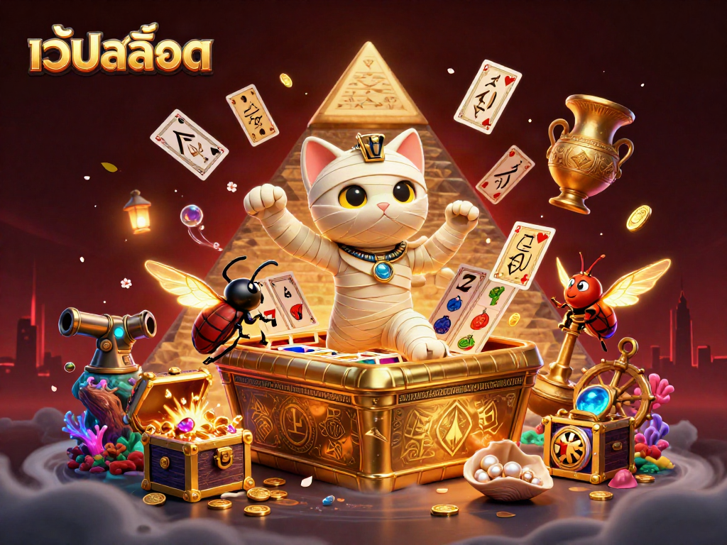 สนุกกับเว็ปสล็อตในภาพประกอบ 3D การ์ตูนที่มีแมวมัมมี่อียิปต์