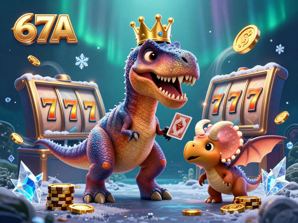 67A traz um dinossauro divertido jogando cartas em um cassino repleto de slots e fichas douradas.