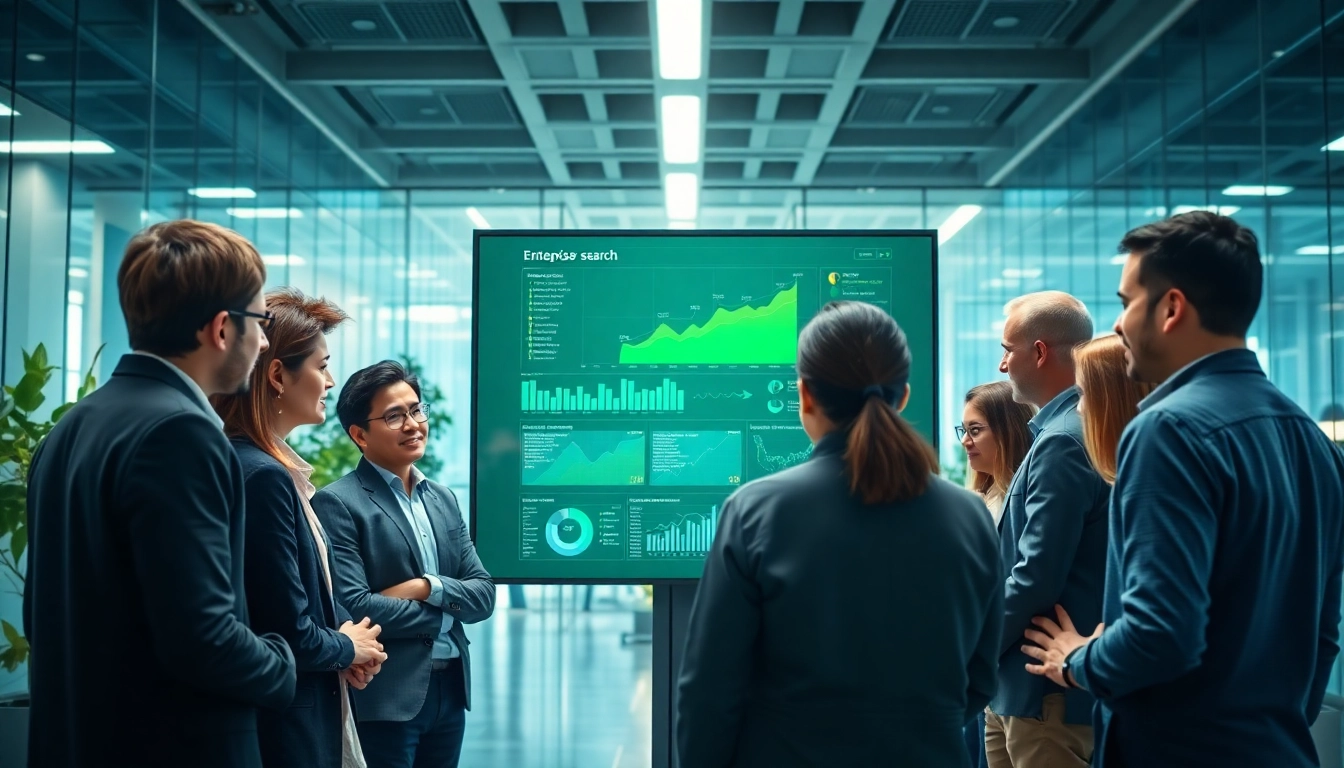 Team collaborating on enterprise search platforms analytics in a modern office setting.