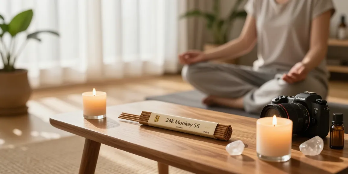 A serene space featuring 24k-monkey-56-grams herbal incense on a wooden table, surrounded by candles and plants.