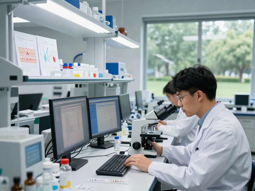 Scientists studying GHK-Cu research peptides in a laboratory setting, analyzing data and samples for skin health benefits.