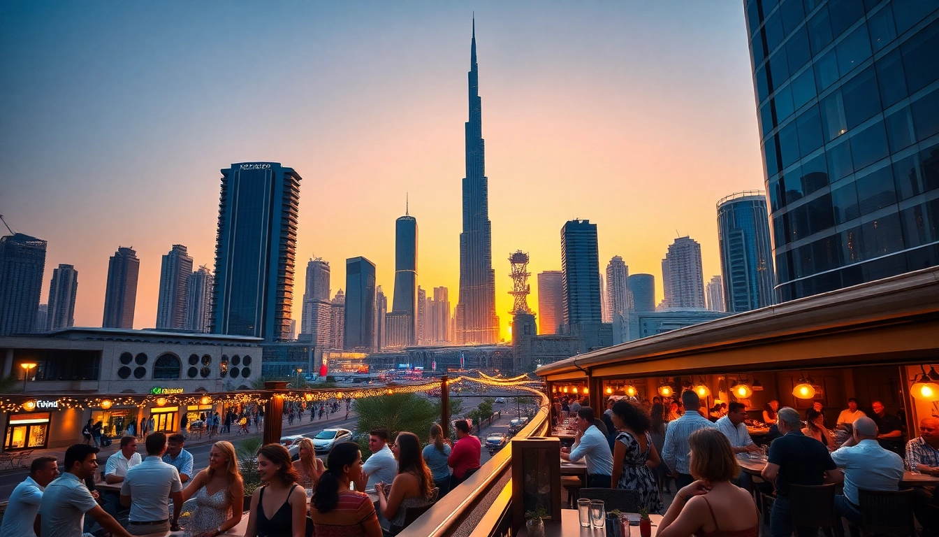 Dynamic scene showcasing the Best Hotspots in Dubai with diverse people enjoying an outdoor café and skyline.