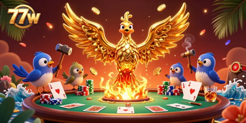 Engage in thrilling gameplay at 77w with the golden phoenix and poker excitement in a vibrant 3D scene.