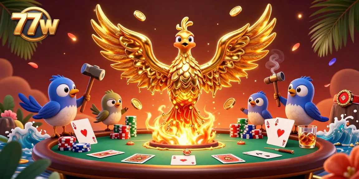 Engage in thrilling gameplay at 77w with the golden phoenix and poker excitement in a vibrant 3D scene.