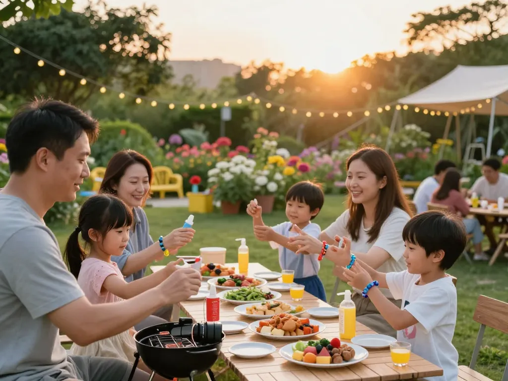 Mosquito repellent products showcased during a family barbecue in a vibrant outdoor setting.