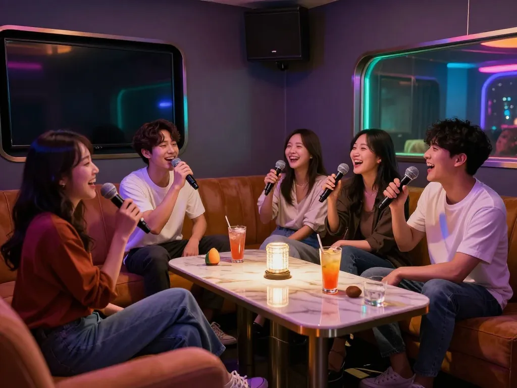 서구청쓰리노의 프라이빗 노래방에서 음료와 웃음을 나누며 활기찬 밤을 즐기는 그룹.