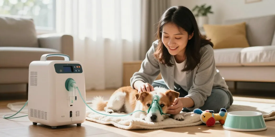 Pet oxygen solutions for dogs in a cozy home therapy setting with compassionate owner.