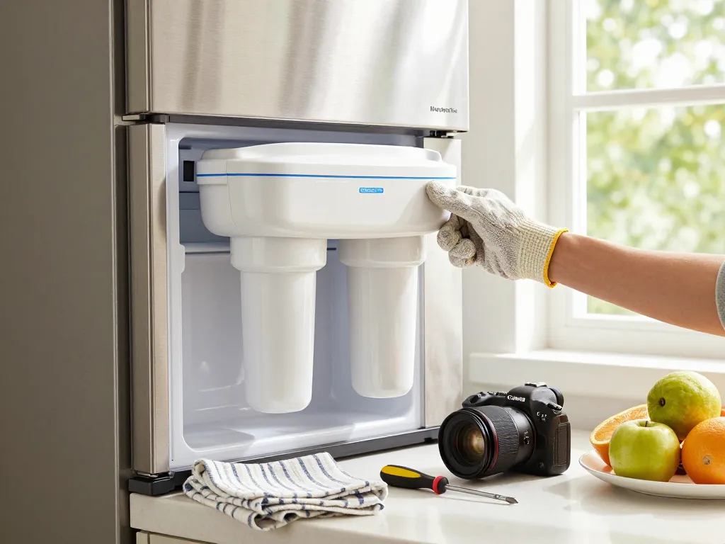 Installing Waterdrop Plus UKF7003 Replacement for Maytag® UKF7003 water filter in a modern kitchen for clean water.