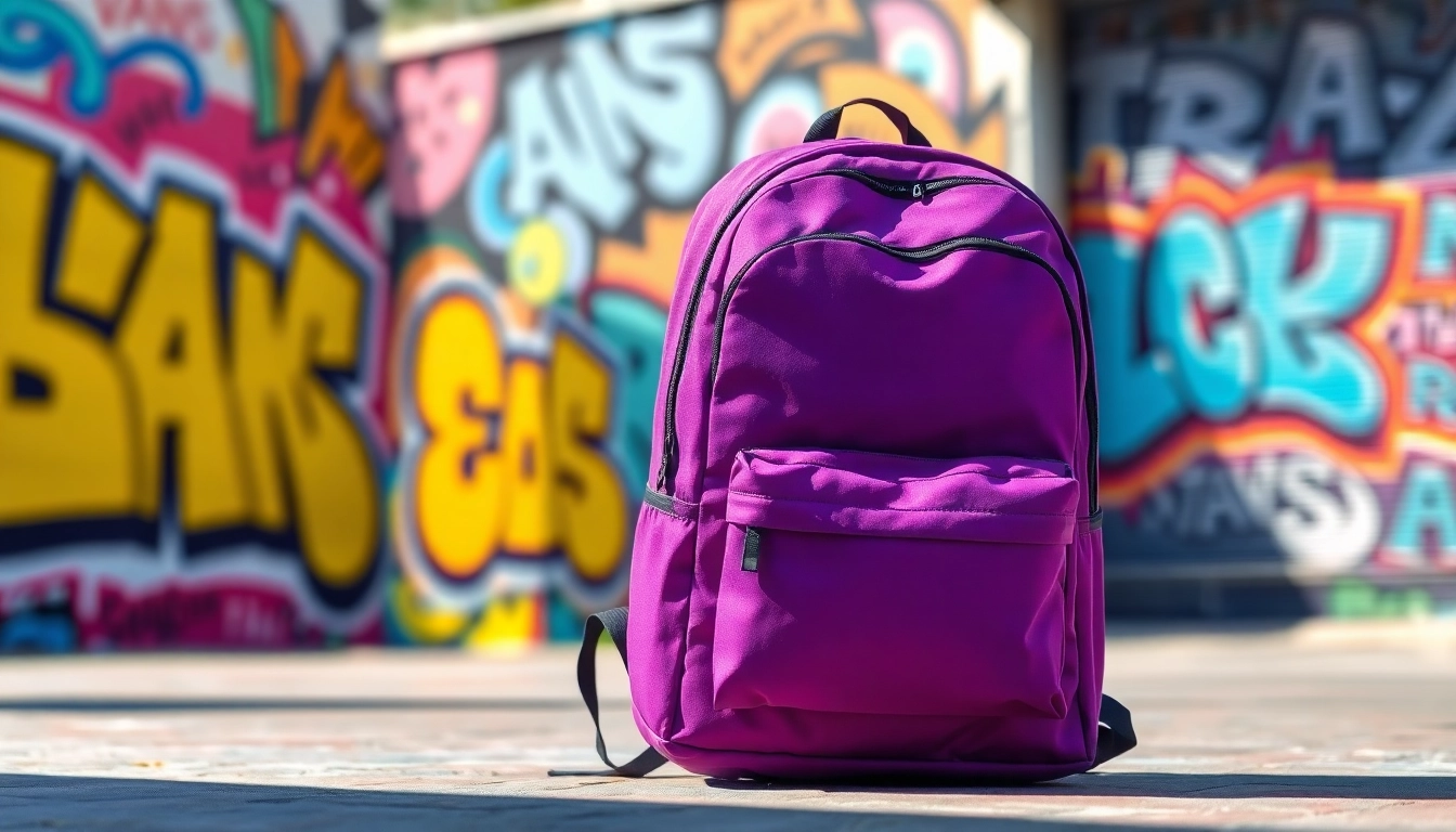 Presenta mochila vans morada con un diseño vibrante en un entorno urbano lleno de arte.