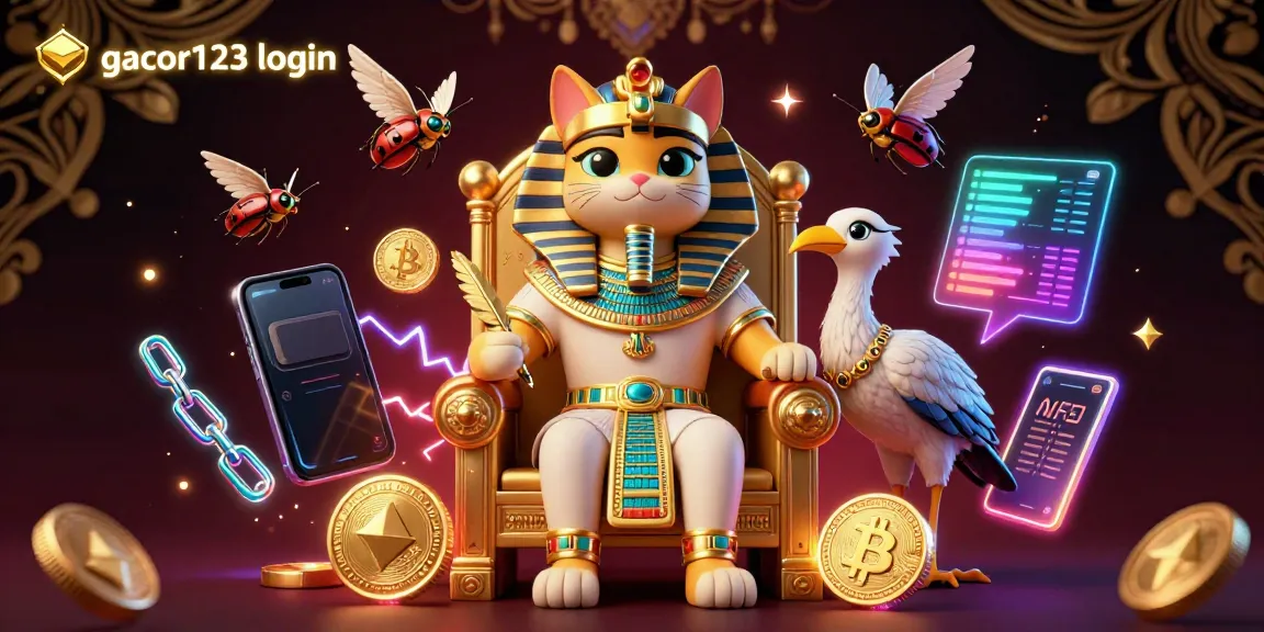 Engage with gacor123 login in this vibrant casino scene featuring pharaoh cat and crypto elements.