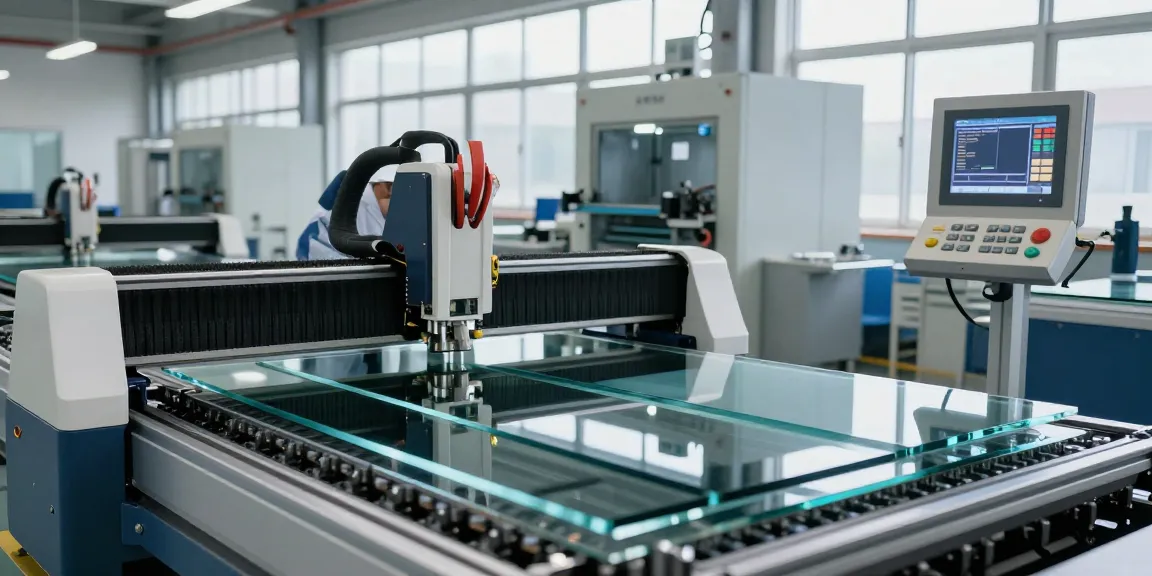 Operator using a cutting machine glass in a modern manufacturing facility with advanced technology.