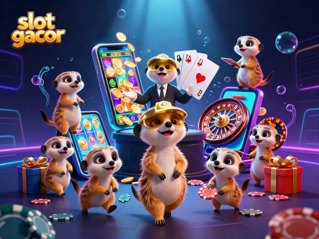 Play slot gacor with lively meerkit casino characters surrounded by gaming elements in a vibrant scene.