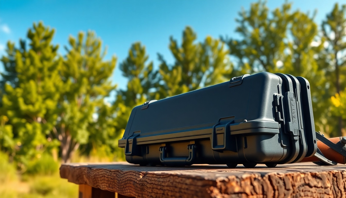 Examine the rugged pelican rifle case displayed outdoors on a wooden table for durability and adventure.