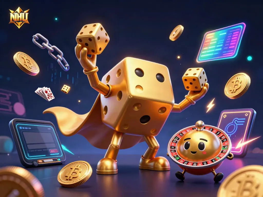 NOHU showcases an engaging scene with a golden dice golem celebrating gaming luck and crypto excitement.