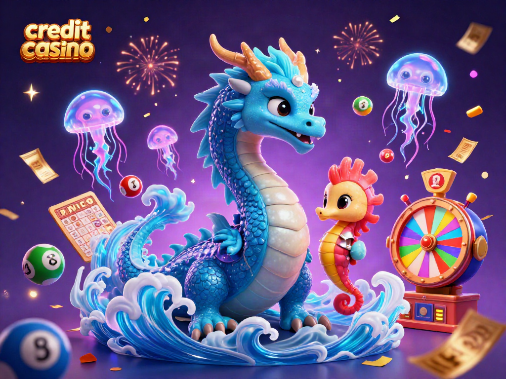 Engage with a vibrant illustration of a credit card casino showcasing a dragon, seahorse knight, and jellyfish.