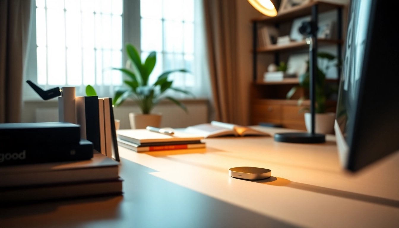 Showcase the goodlite device in a stylish home office with natural lighting and elegant decor.
