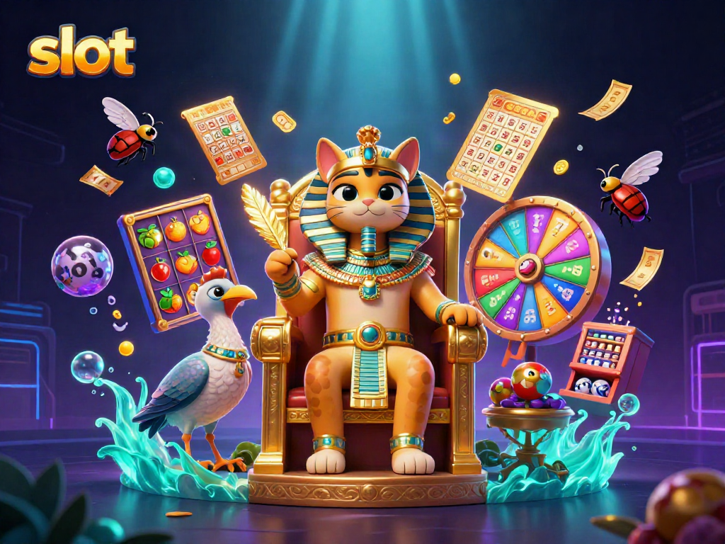 Permainan slot dengan kucing firaun, kuil emas, dan simbol buah, menangkap energi kasino.