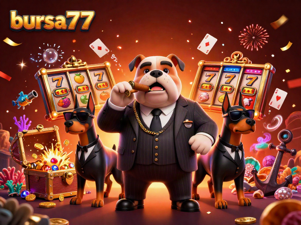 Menghadirkan bursa777 dengan permainan slot yang menarik dan trofi jackpot yang menonjol dalam ilustrasi 3D yang ceria.