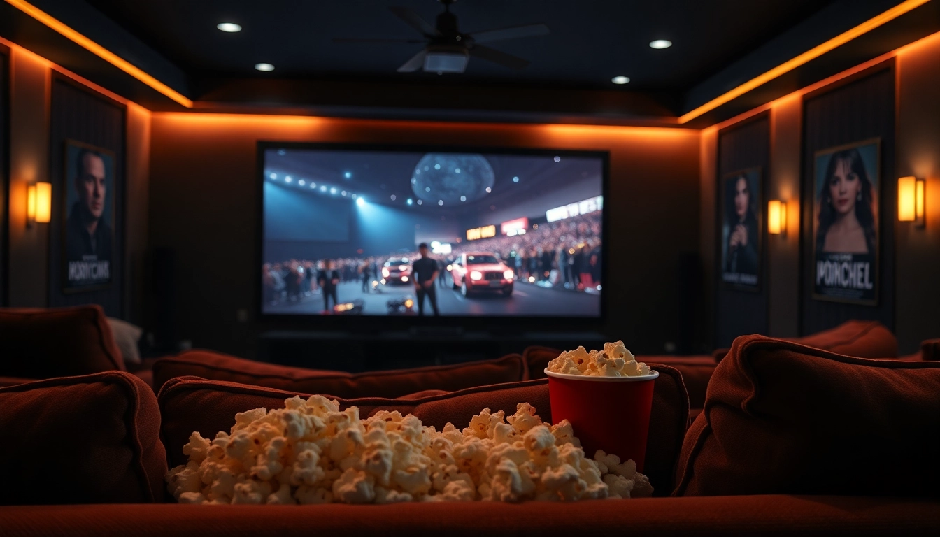 Watch หนังออนไลน์ in a cozy home theater with plush seating and a large screen.