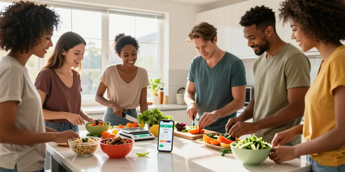 Group of friends using the best weight loss app while preparing healthy meals together in a bright kitchen.