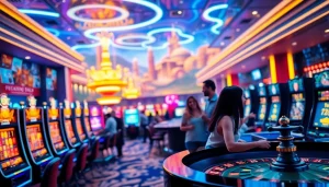 Permainan kasinojitu resmi yang penuh warna dengan pemain berinteraksi di ruang kasino online.