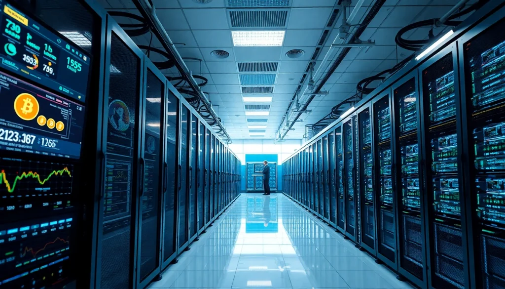 Modern bitcoin cloud mining data center with advanced mining rigs and digital displays
