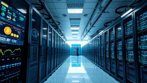 Modern bitcoin cloud mining data center with advanced mining rigs and digital displays