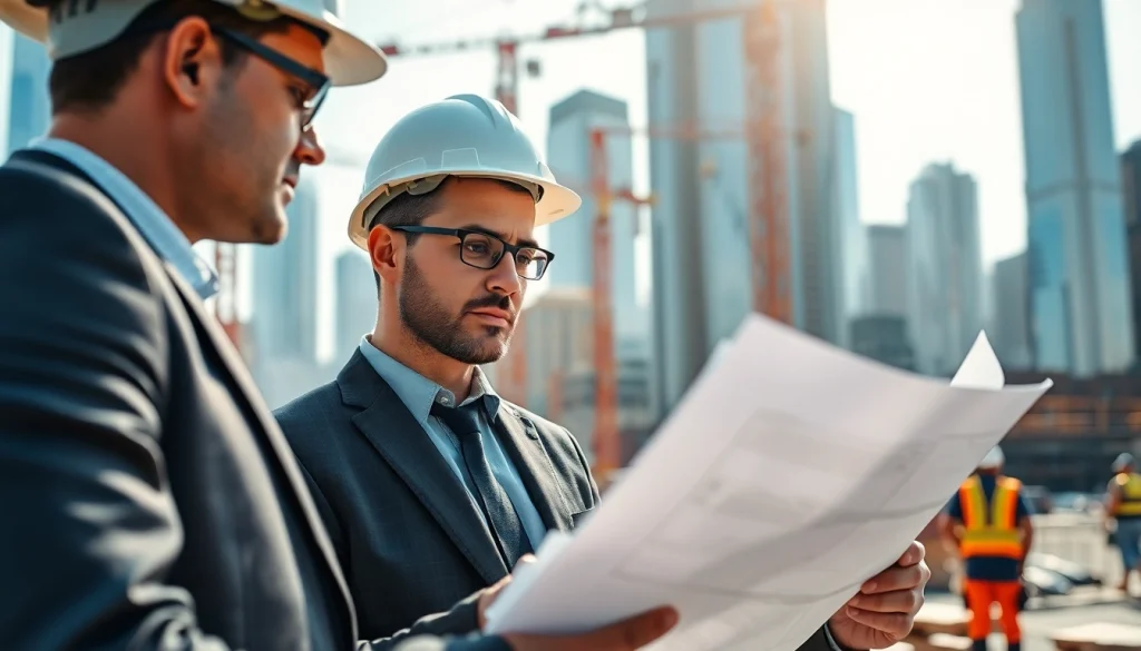 New York Construction Manager analyzing plans at a dynamic NYC construction site.