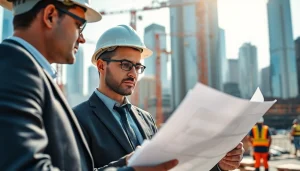 New York Construction Manager analyzing plans at a dynamic NYC construction site.