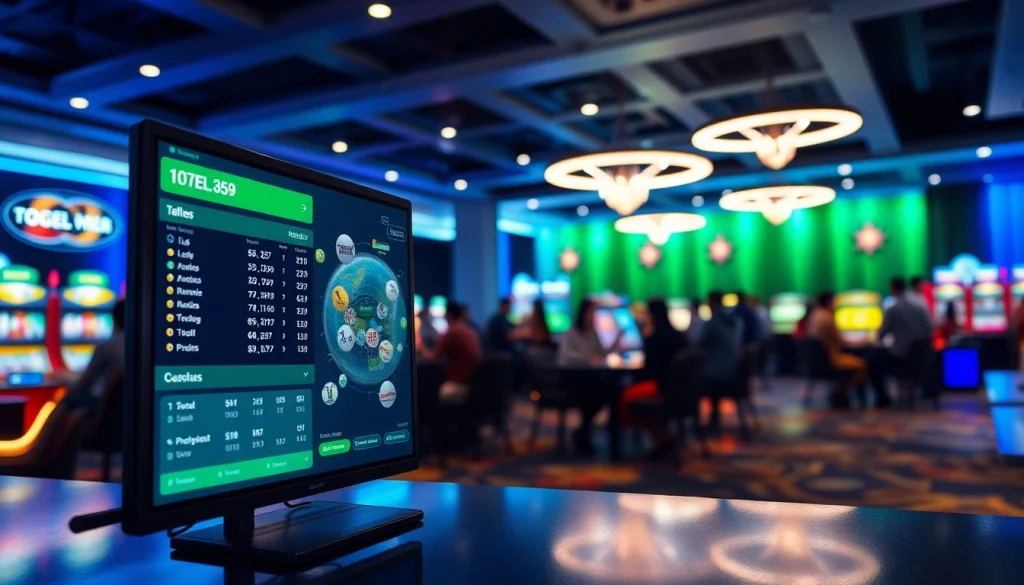 Permainan togel online menarik di layar interaktif dengan pemain antusias di belakangnya.