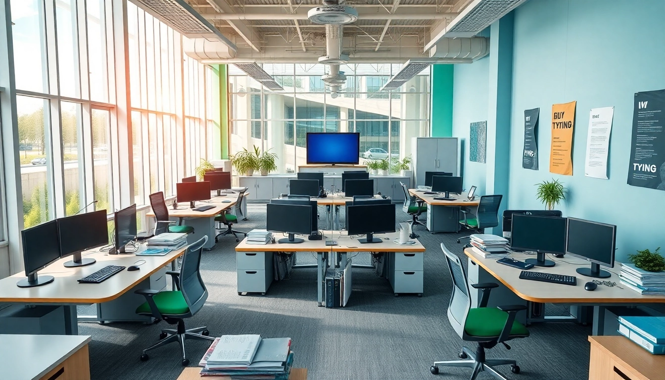 Enhance your skills at a vibrant typing center featuring modern workstations and natural light.