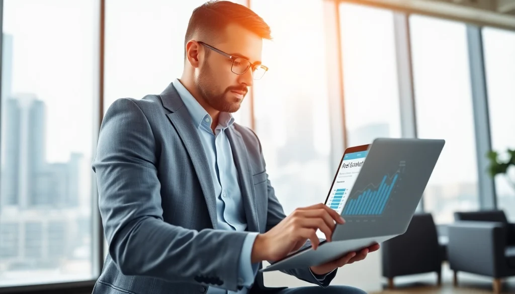 Real Estate agent reviewing properties in a professional office environment.