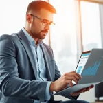 Real Estate agent reviewing properties in a professional office environment.