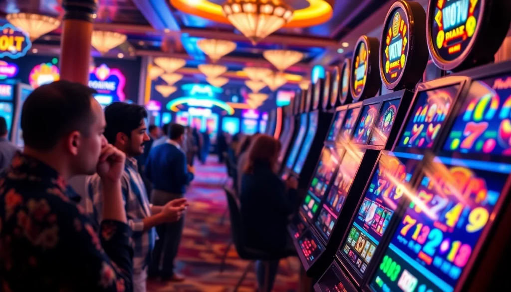 Menampilkan suasana perjudian bandar toto 4d slot dengan mesin slot berwarna-warni dan pemain yang terlibat.