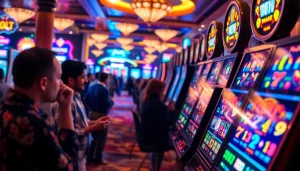 Menampilkan suasana perjudian bandar toto 4d slot dengan mesin slot berwarna-warni dan pemain yang terlibat.